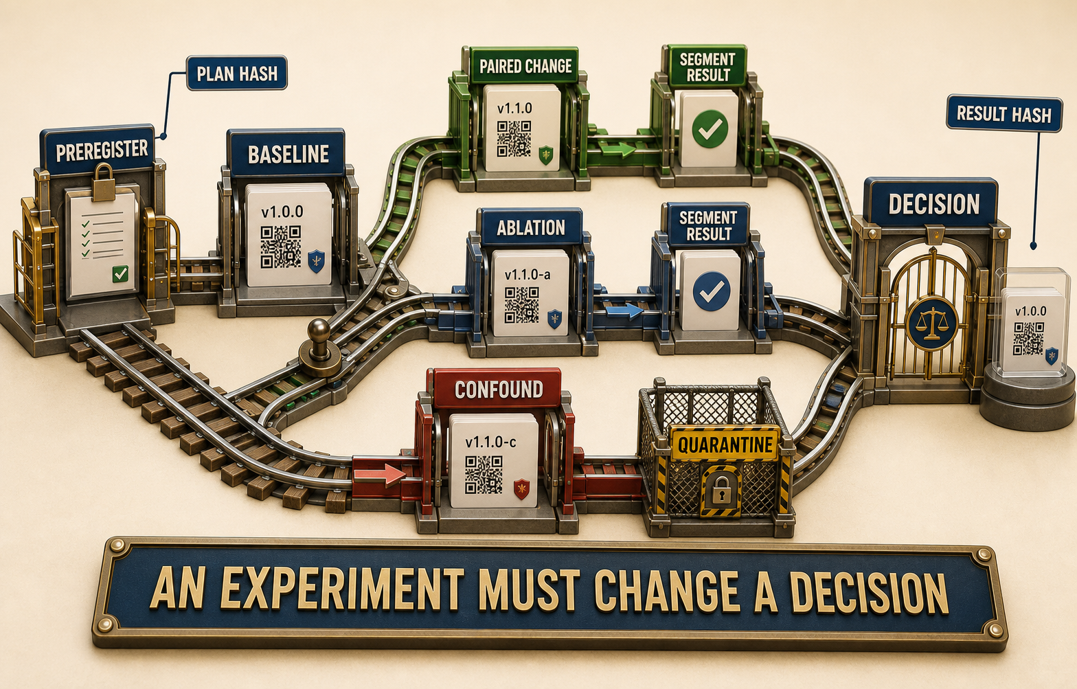 Colorful three-dimensional experiment graph connecting preregistration and a versioned baseline to paired-change and ablation paths, routing a confounded path to quarantine before segment results and decision.