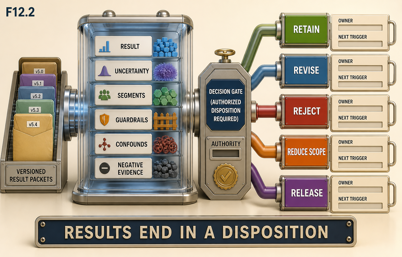 Bright three-dimensional decision flow carrying versioned result packets through result, uncertainty, segments, guardrails, confounds, and negative evidence to an authority gate and five explicit dispositions.