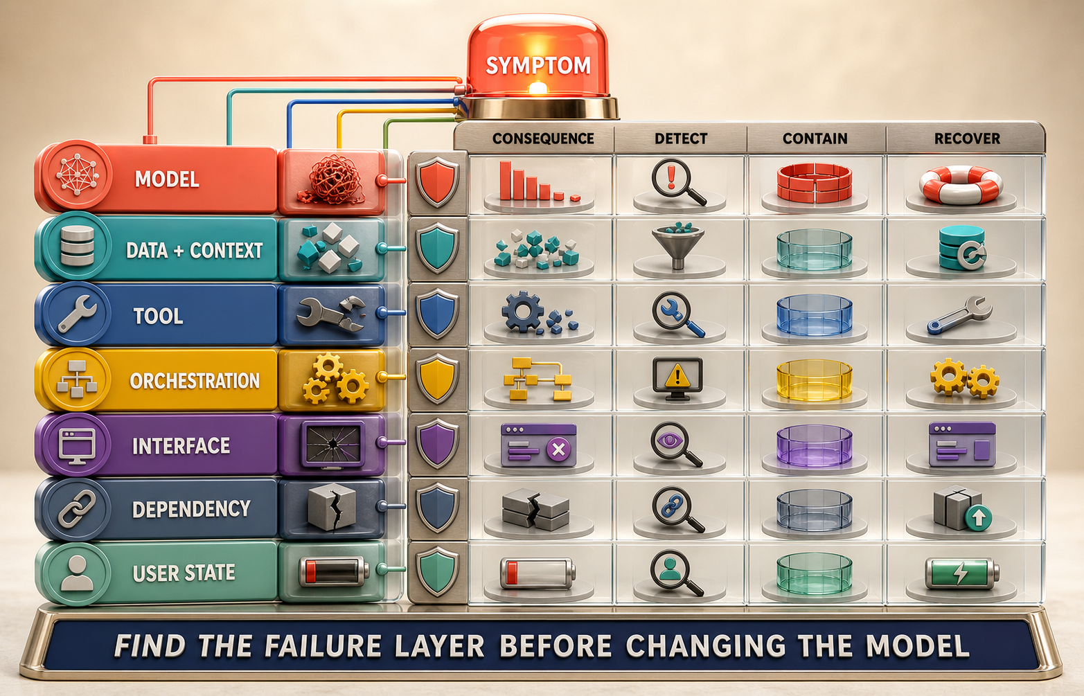 Colorful three-dimensional layered failure matrix connecting user state, interface, orchestration, tools, learned behavior, context, data, and dependencies to symptom, propagation, containment, owner, and recovery, with short labels for cause and symptom.