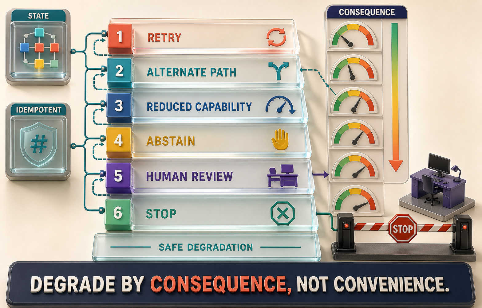 Colorful three-dimensional fallback ladder moving from alternate evidenced path to reduced capability, abstain, human review, and stop, with short labels for consequence, evidence, authority, unknown effect, and recovery.