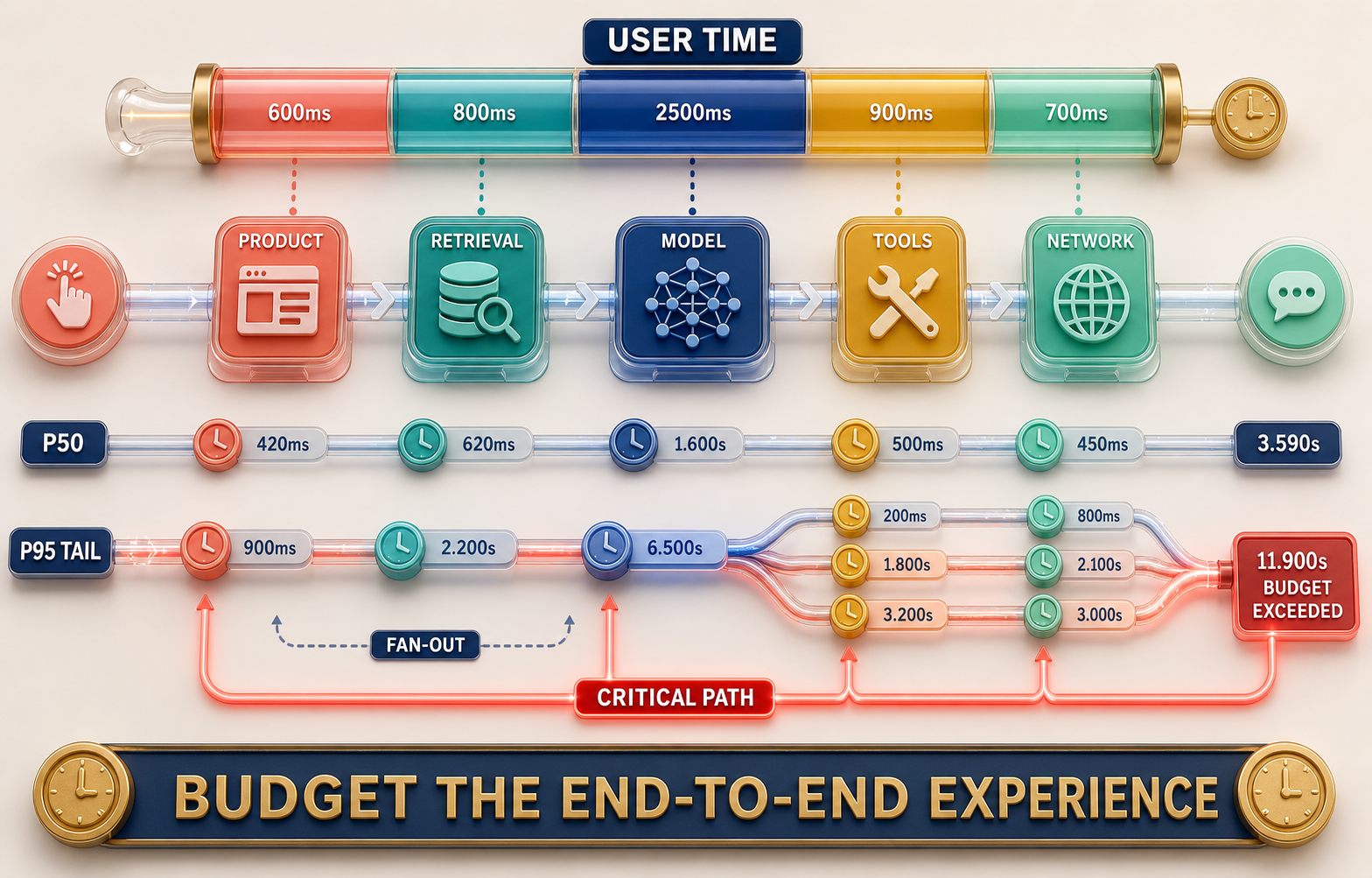 Colorful three-dimensional end-to-end latency budget from input through authorization, retrieval, ranking, validation, interface, and optional explanation, with short labels for critical path, cold and warm state, p95, p99, fallback, and user time.