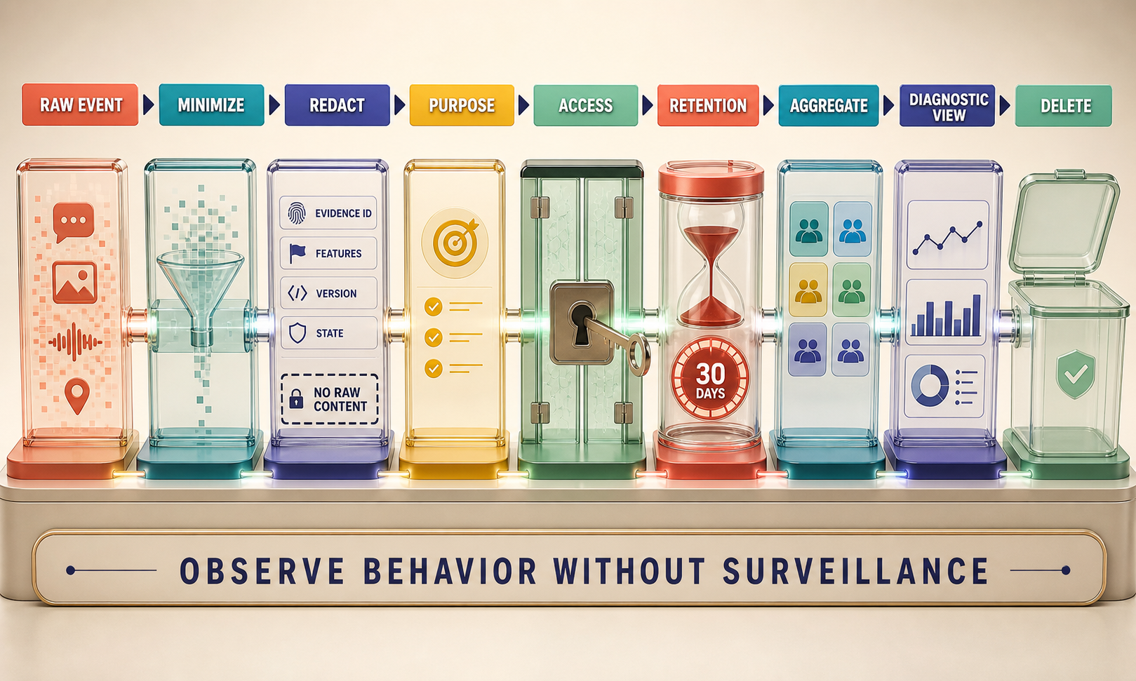 Colorful three-dimensional privacy-aware trace flowing from purpose through allowlisted event fields, minimization, redaction, controlled access, diagnostic use, retention, and deletion proof, with raw text and image diverted away from default storage.