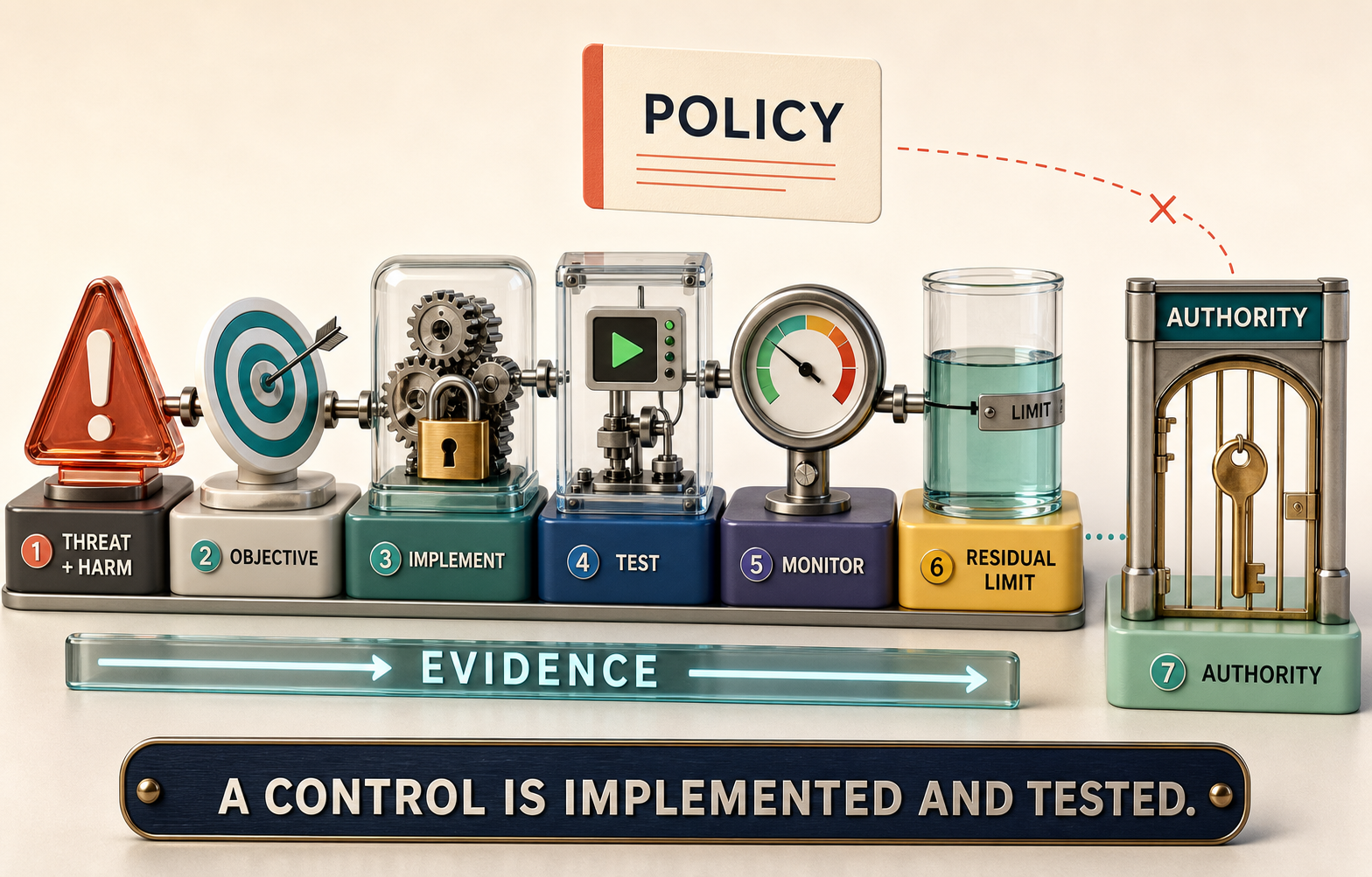 Colorful three-dimensional control evidence chain linking threat and affected party to objective, implementation, version, test, monitor, owner, residual limitation, qualified reviewer, and a separate authority disposition, with short essential labels.