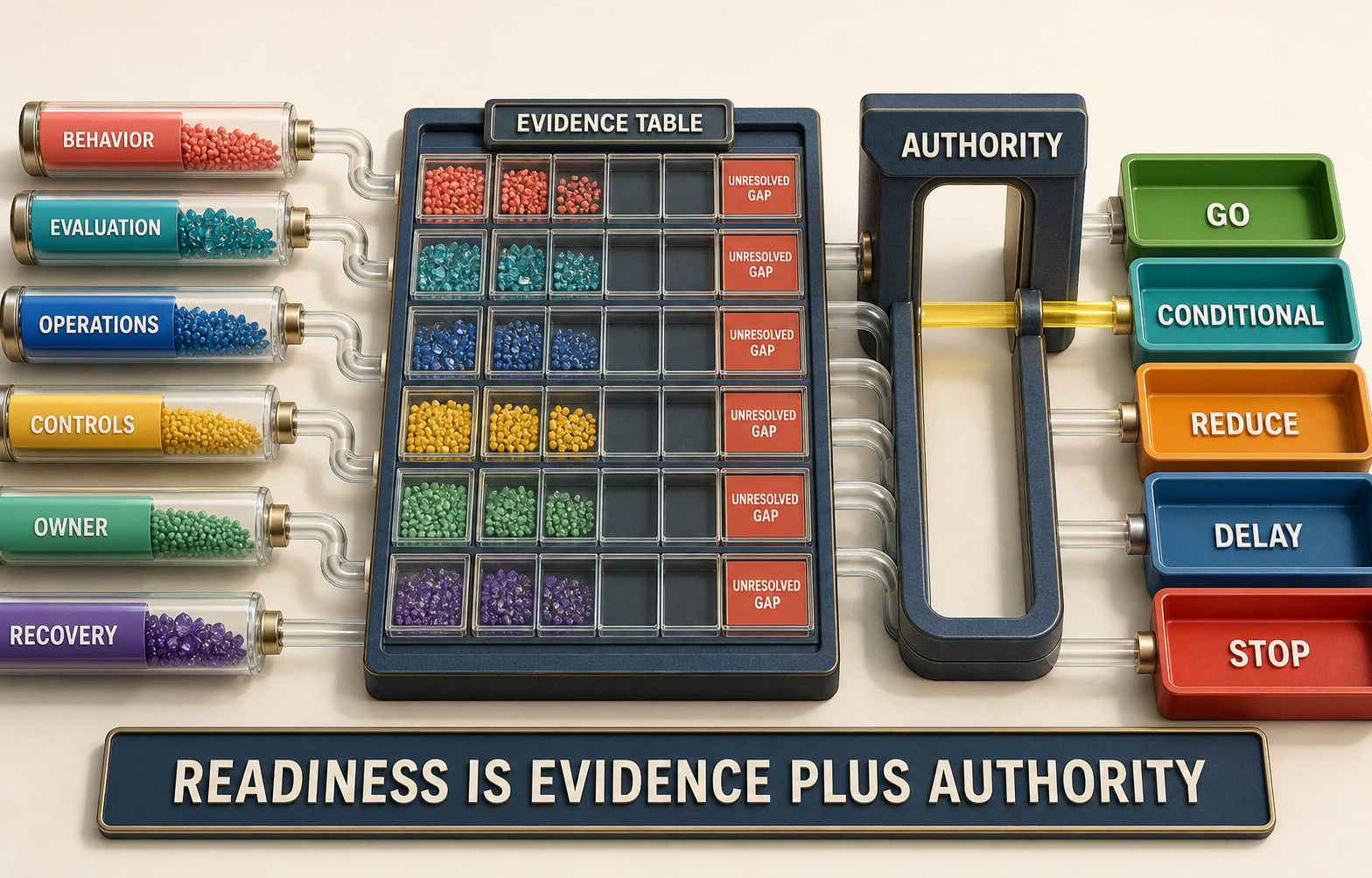 Colorful three-dimensional readiness gate combining behavior, data, evaluation, segment, operations, controls, privacy, recovery, unresolved gaps, owners, and authority into go, conditional-go, reduce-scope, delay, or stop, without a single score.