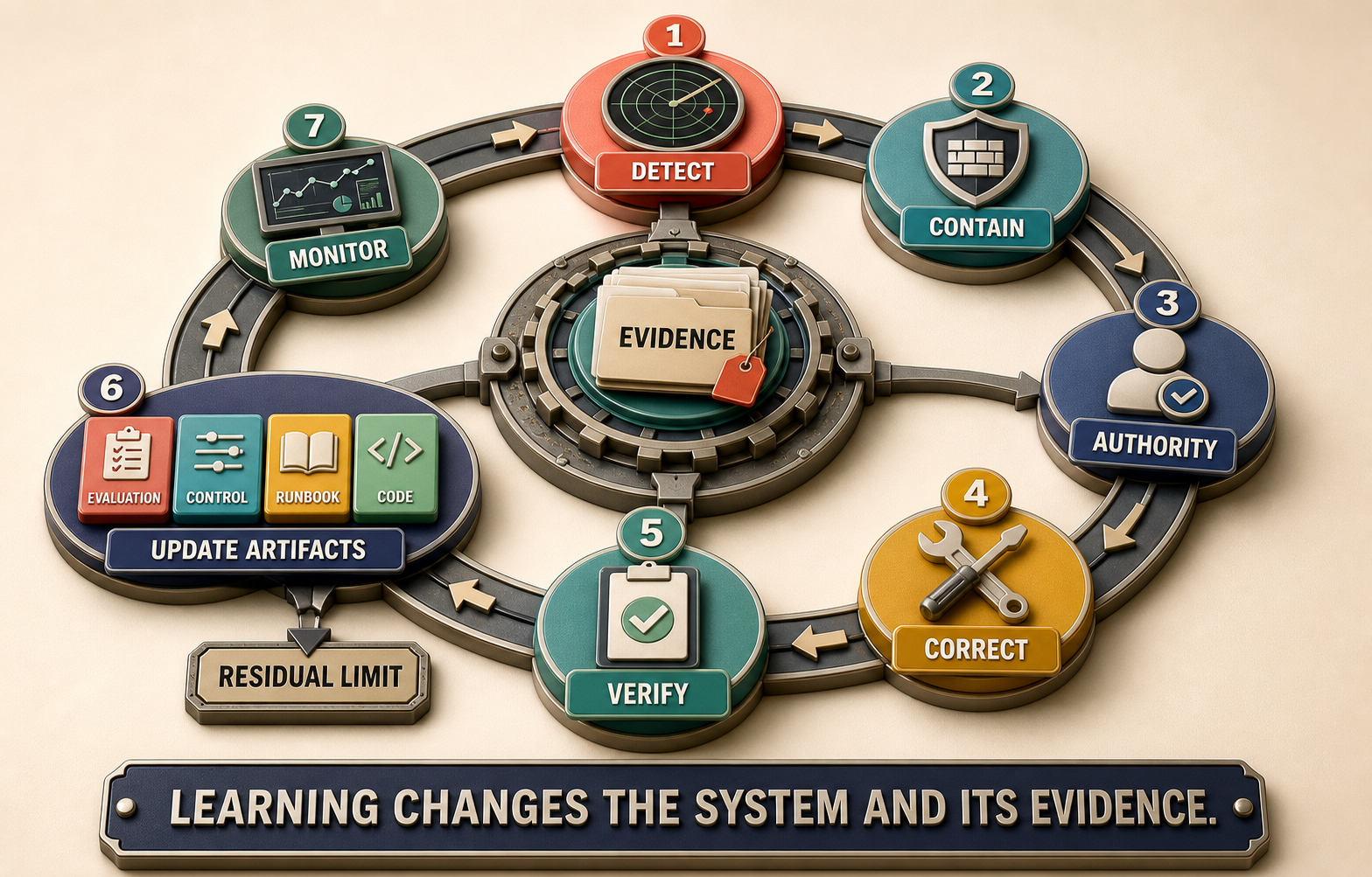Colorful three-dimensional incident learning loop from detection through declaration, containment, hypotheses, evidence and disconfirmation, correction, recovery, verification, and durable changes to evaluation, control, runbook, ownership, and release evidence, with short labels.