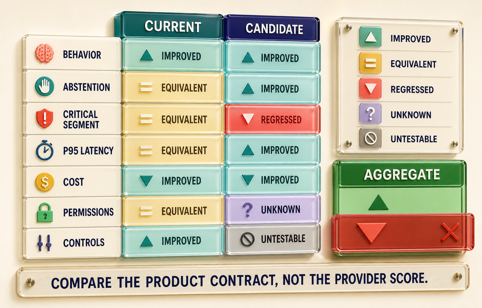 Colorful three-dimensional compatibility matrix comparing current and candidate across ordinary relevance, permission, freshness, calibrated abstention, long-tail compatibility, tail latency, cost, user comprehension, and tool effects, with essential labels for unchanged, improved, regressed, unknown, and untestable.