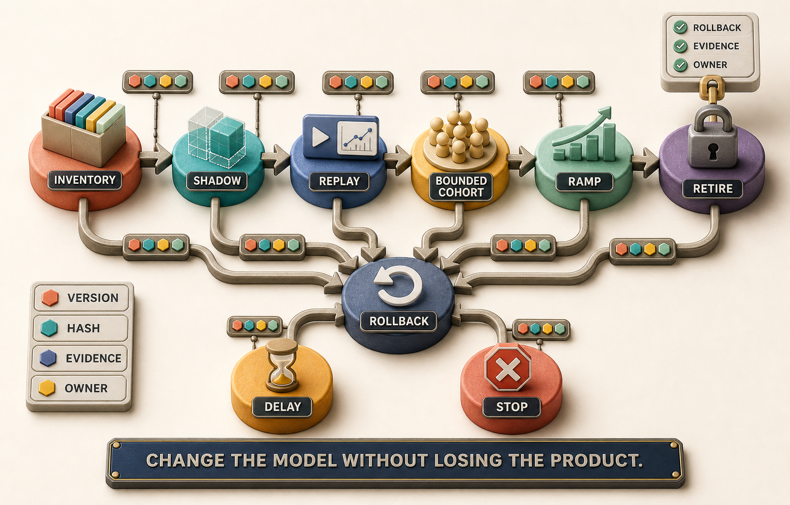 Colorful three-dimensional conceptual migration map with inventory, shadow, replay, bounded cohort, ramp, and retire stations; version, hash, evidence, and owner labels; a central rollback route; and explicit delay and stop branches.