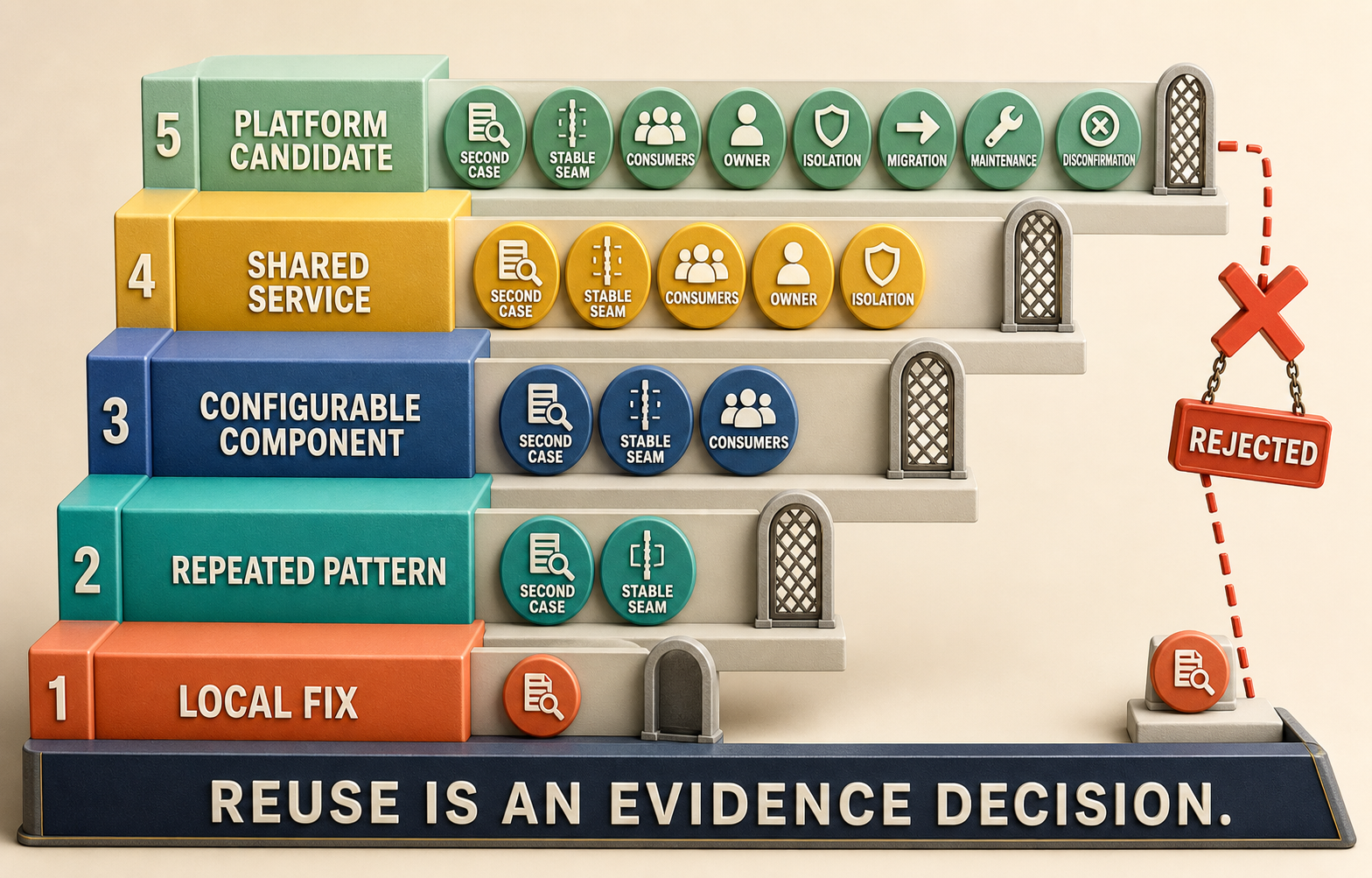 Colorful three-dimensional ladder from local fix through repeated pattern, configurable component, shared service, and platform candidate, with short evidence-gate labels for independent cases, stable seam, owner, fallback, economics, and disconfirmation.