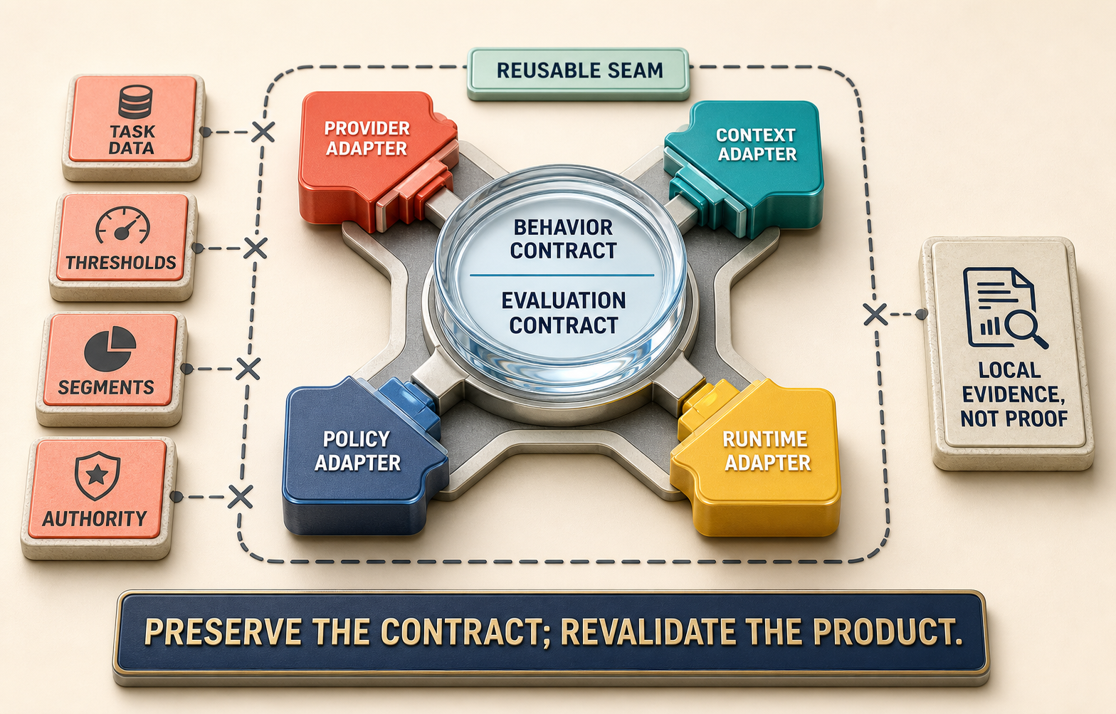 Colorful three-dimensional portability map with behavior and evaluation contracts at the center, provider, context, policy, and runtime adapters inside a reusable seam, and task data, thresholds, segments, authority, and local evidence explicitly outside it.