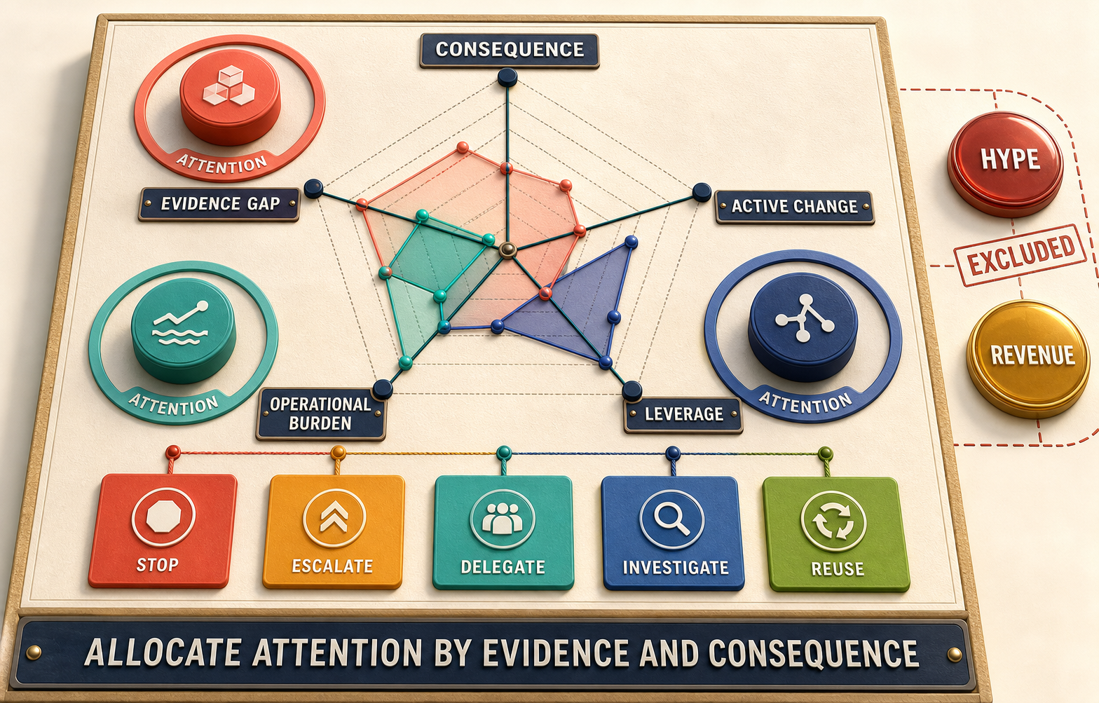 Colorful three-dimensional portfolio map comparing three abstract system profiles across consequence, evidence gap, active change, operational burden, and leverage, with attention and stop, escalate, delegate, investigate, and reuse actions; hype and revenue are visibly excluded.