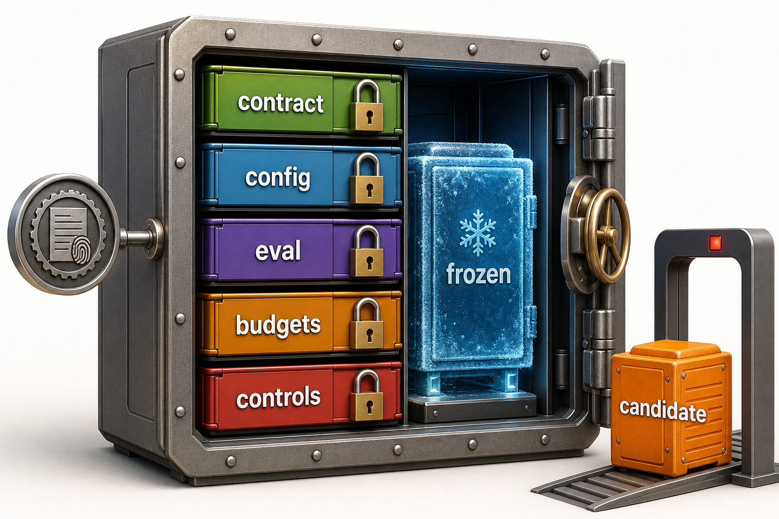 A frozen baseline vault separates an identified baseline from a candidate and locks contract, configuration, evaluation, budgets, and controls before comparison.