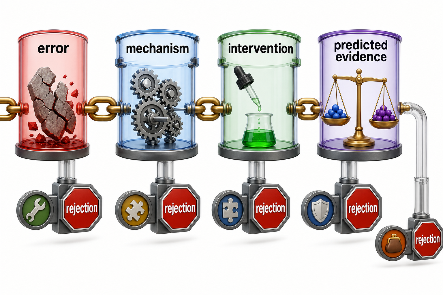 A falsifiable chain connects an observed error to a proposed mechanism, intervention, predicted evidence, and explicit rejection gates.