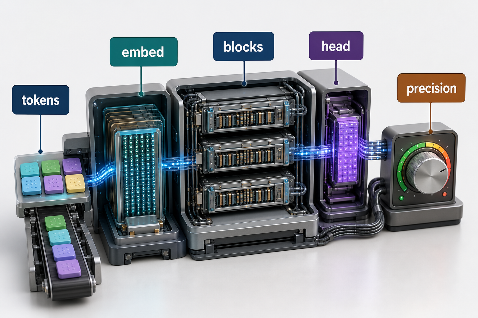A cutaway model system shows tokens entering embeddings and transformer blocks before a prediction head, with precision recorded as a separate runtime surface.