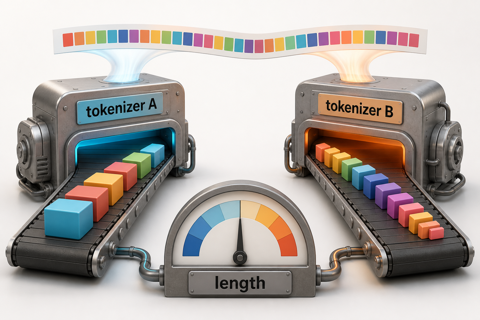 The same Gujarati-English shorthand string is divided differently by tokenizer A and tokenizer B, producing visibly different sequence lengths without asserting which is better.