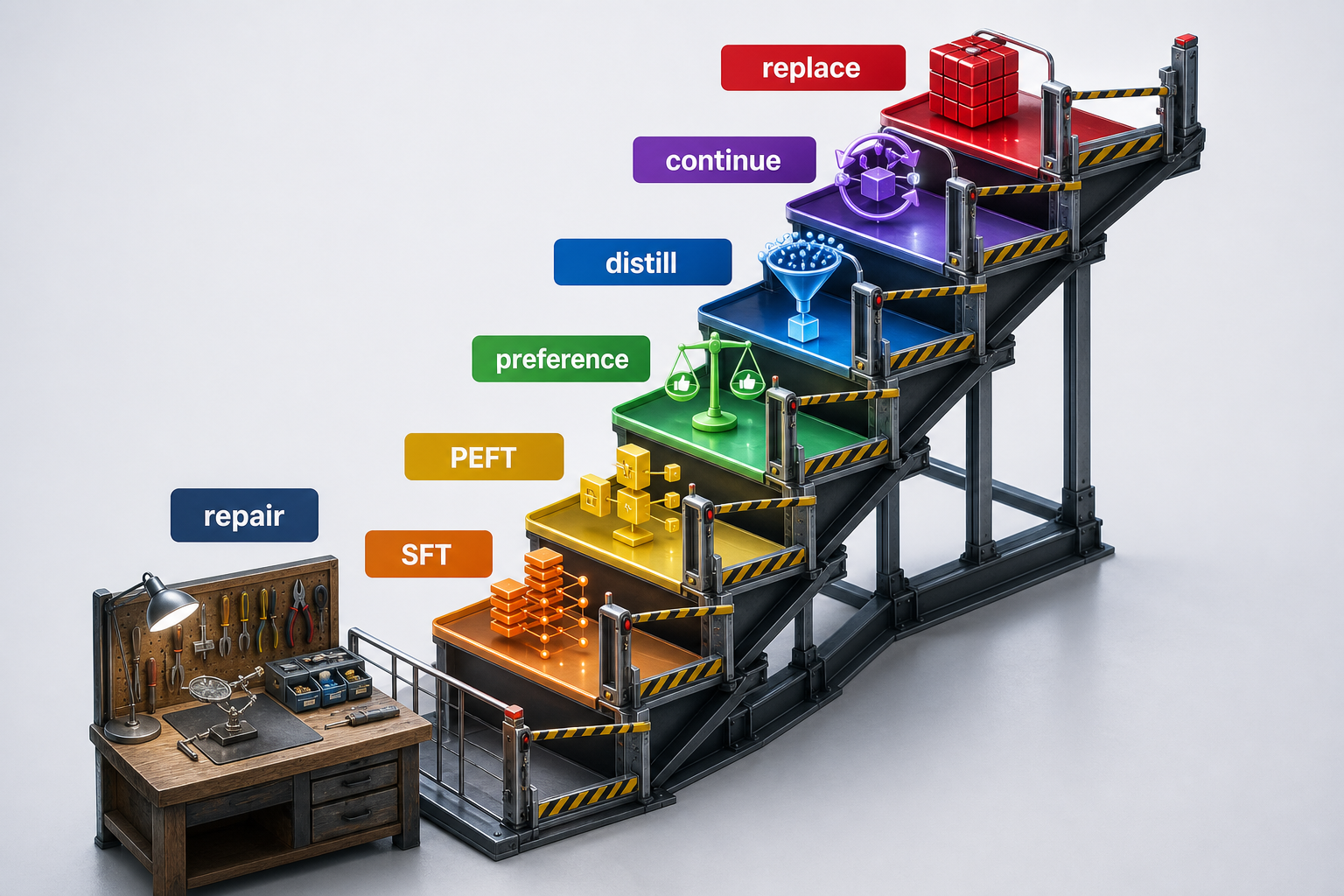 A gated intervention ladder moves from repair through supervised and parameter-efficient tuning, preference optimization, distillation, continued pretraining, and replacement, with a stop gate at every rung.