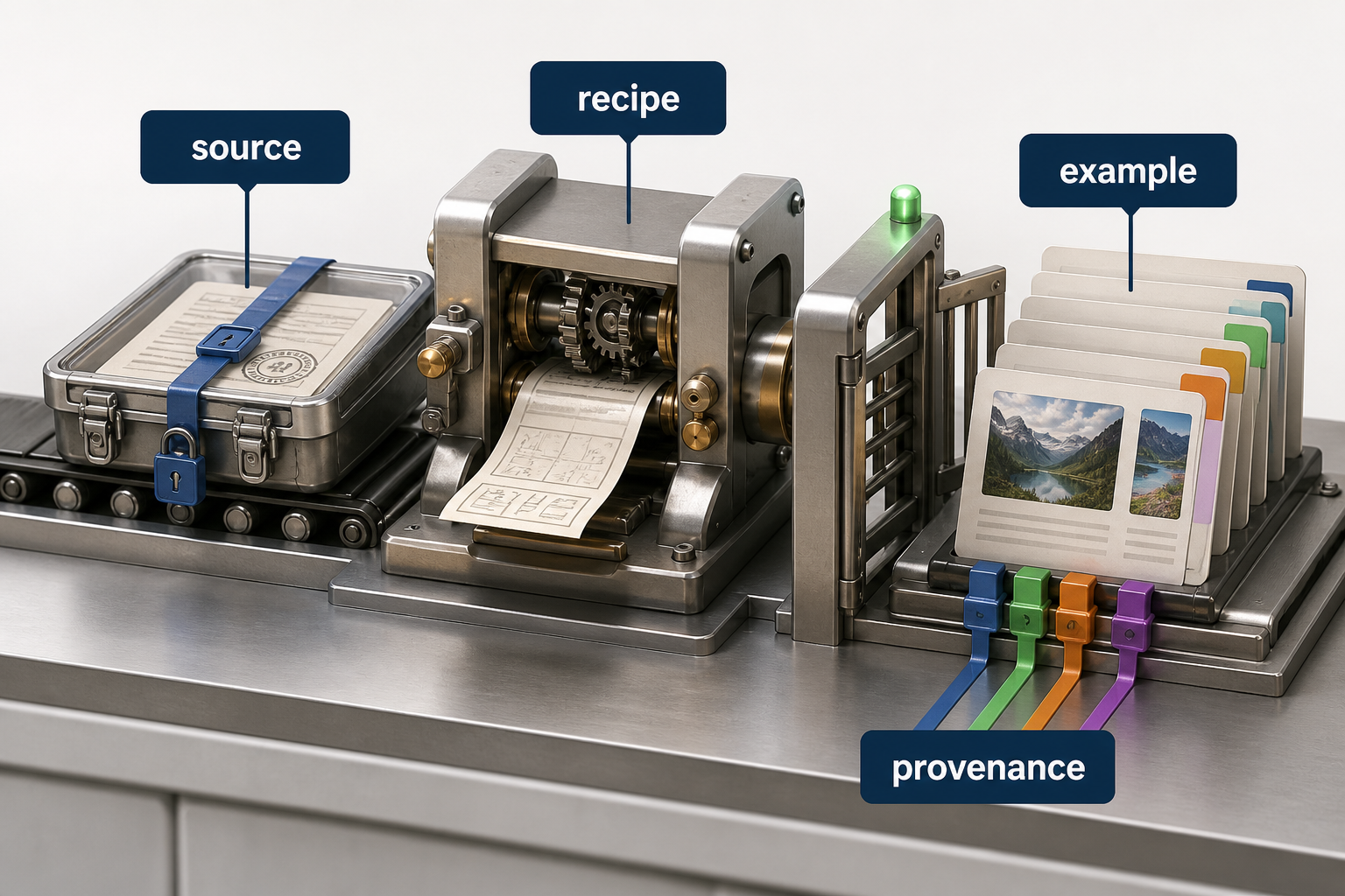 Authorized source trays pass through a versioned recipe workbench into example records that retain source and transformation provenance tabs.
