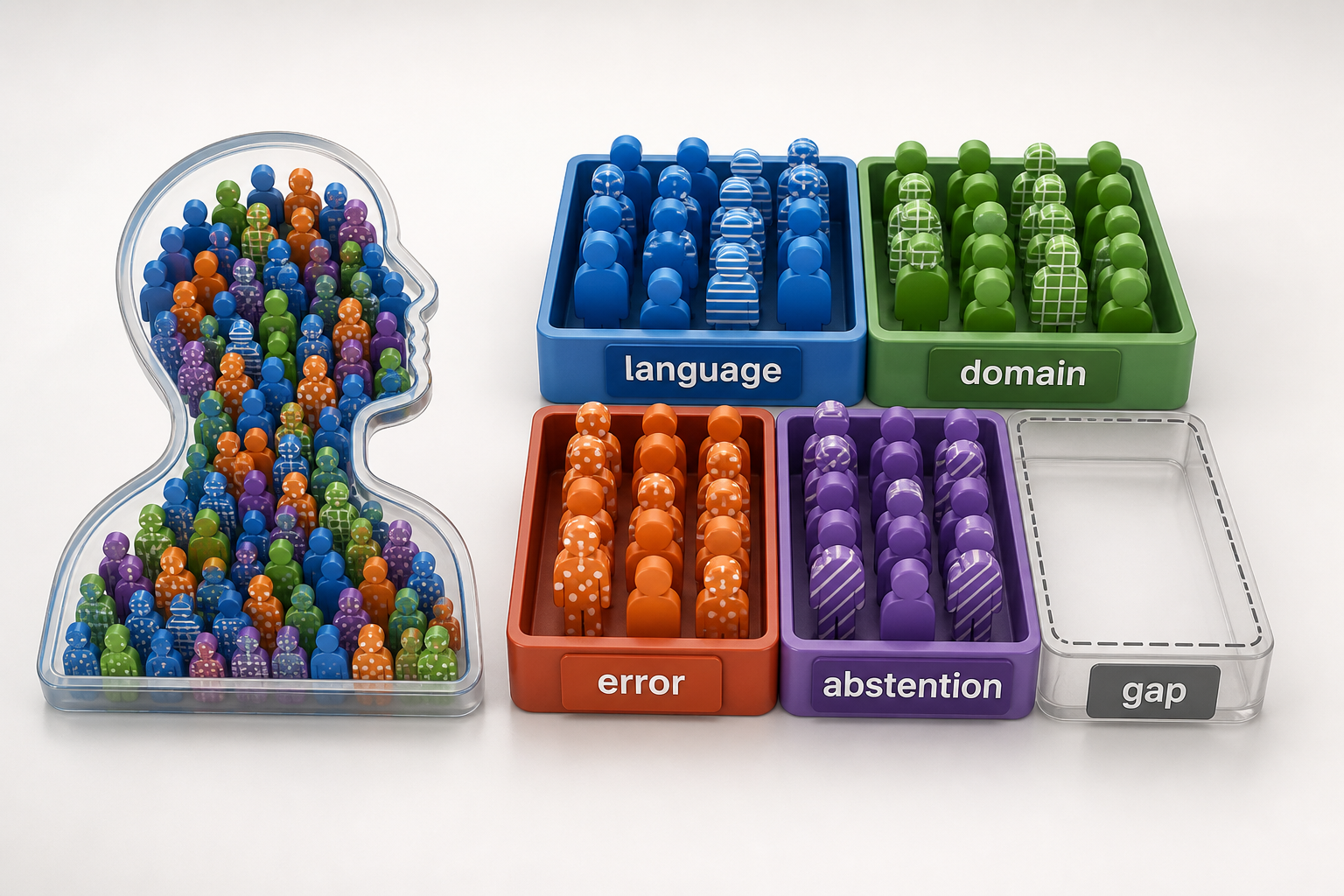 A target-population outline is compared with separate language, domain, error, and abstention trays, leaving convenience-sampling gaps visibly empty.