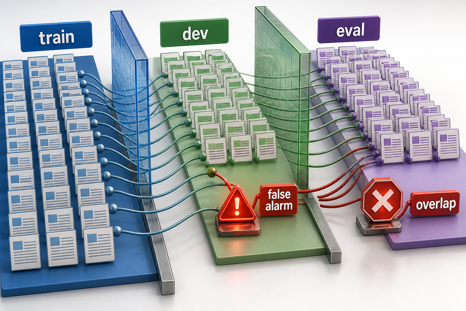 Near-identical record families approach train, development, and evaluation barriers; shared signatures trigger a false alarm while a paraphrased evaluation relative triggers a real overlap alarm.