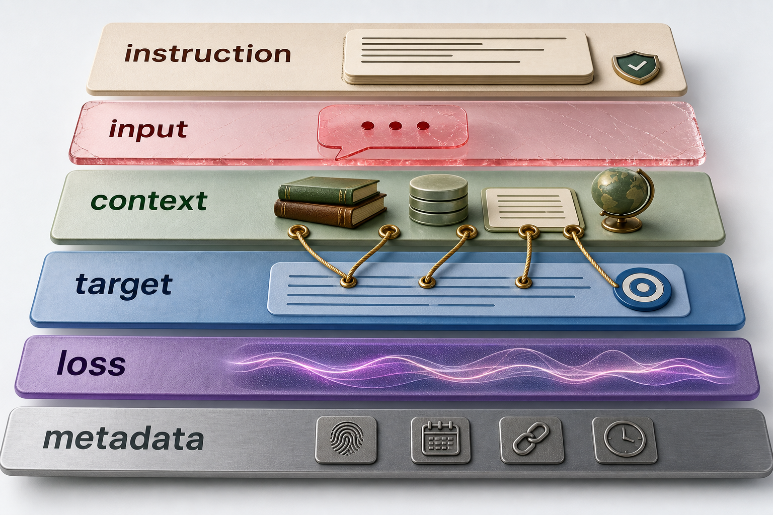 One instruction example separates trusted instruction, untrusted input, authorized context, typed target, intentional loss region, and provenance metadata.