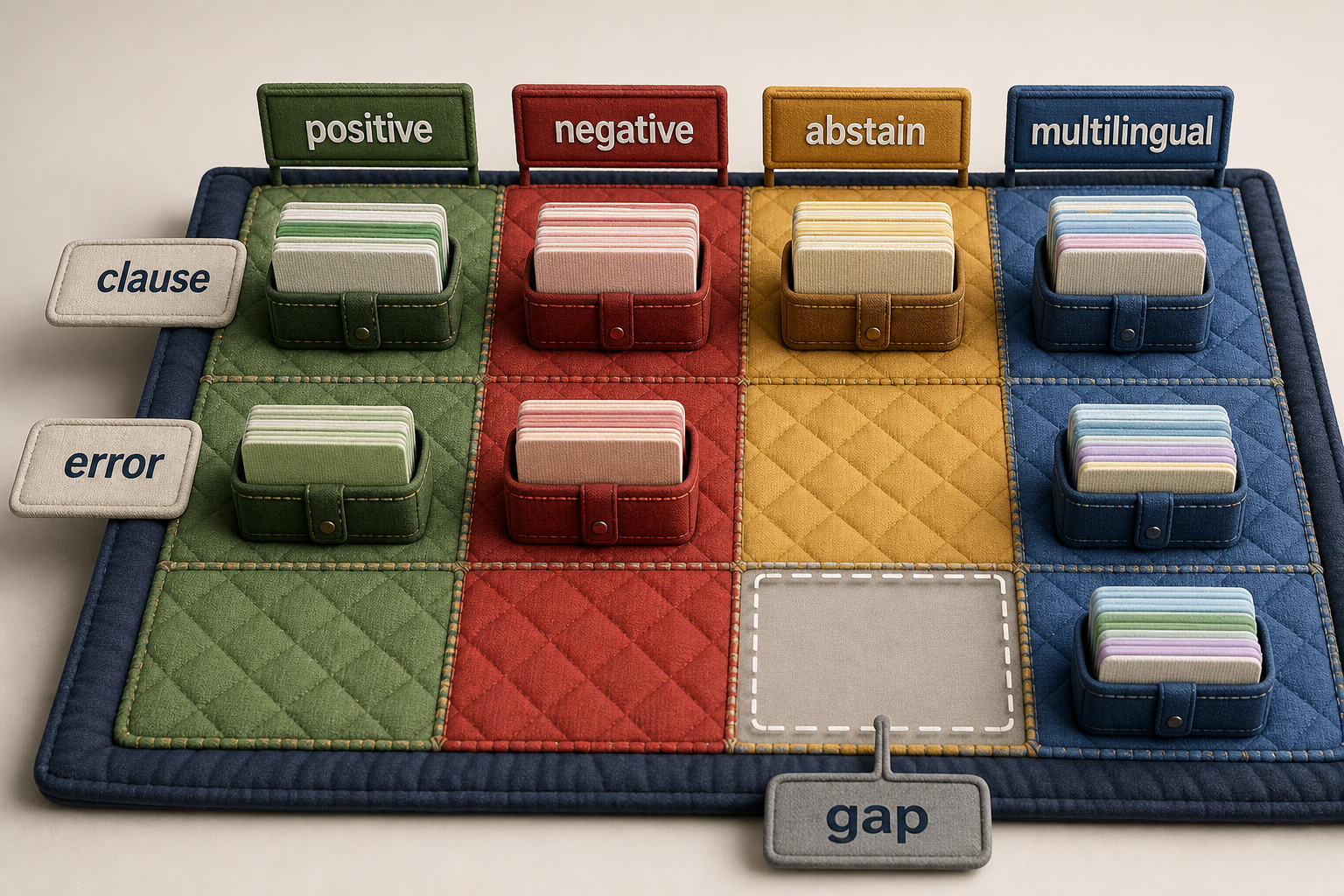 A coverage quilt maps behavior clauses and error categories to positive, negative, abstention, and multilingual example families while leaving missing cells visible.