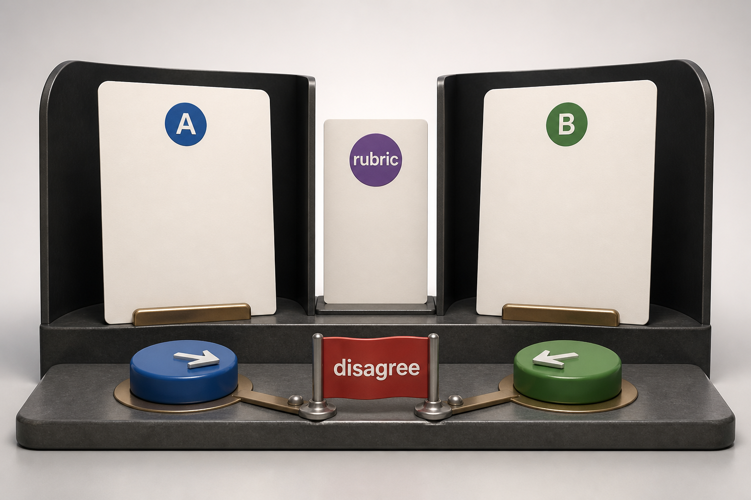 Two admissible outputs labeled A and B sit on a blinded comparison bench beside one rubric and a visible disagreement marker.