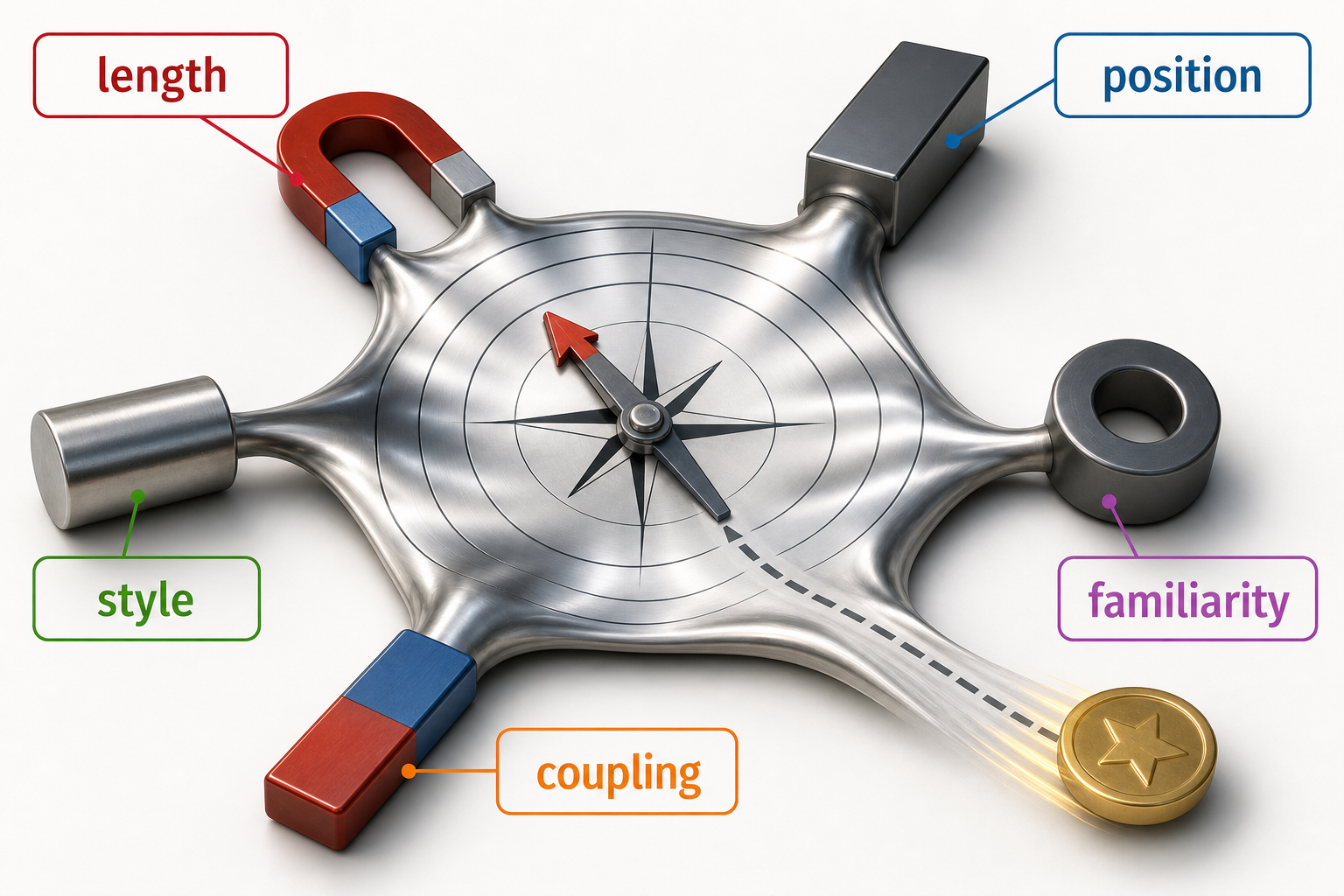 Length, position, style, familiarity, and coupling magnets pull a preference marker away from the intended rubric target.