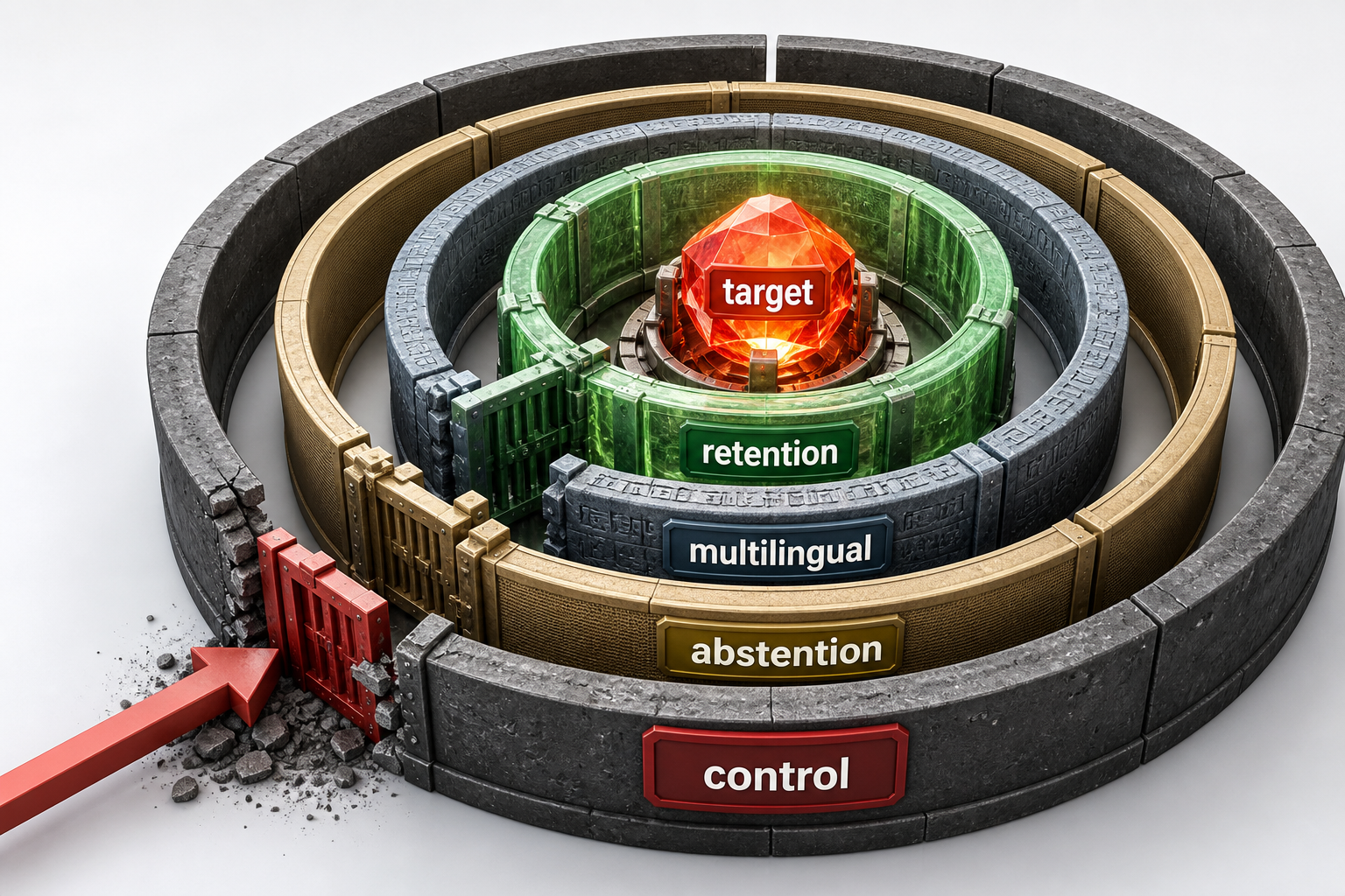 A target-improvement core is surrounded by retention, multilingual, abstention, and control shields with named owners and stop gates.