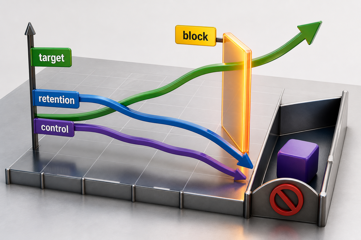 Across synthetic checkpoints, a target curve rises while retention and control curves fall through blocking thresholds.