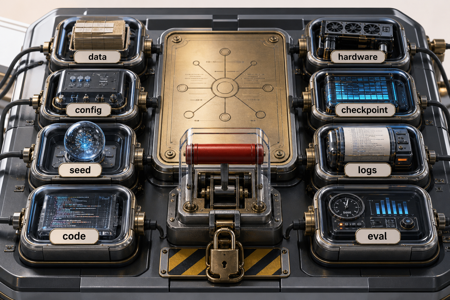 Data, configuration, seeds, code, hardware, checkpoints, logs, and behavioral evaluators connect into one traceable training experiment cockpit.