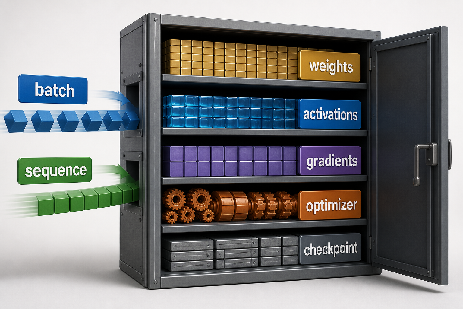 Batch and sequence flow through weights, activations, gradients, optimizer state, and checkpoint shelves that compete for finite memory.