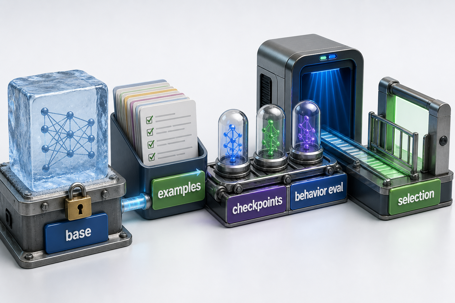 A frozen base model receives reviewed supervised examples, produces several checkpoints, and sends each checkpoint to an independent behavior evaluation before a selection gate.