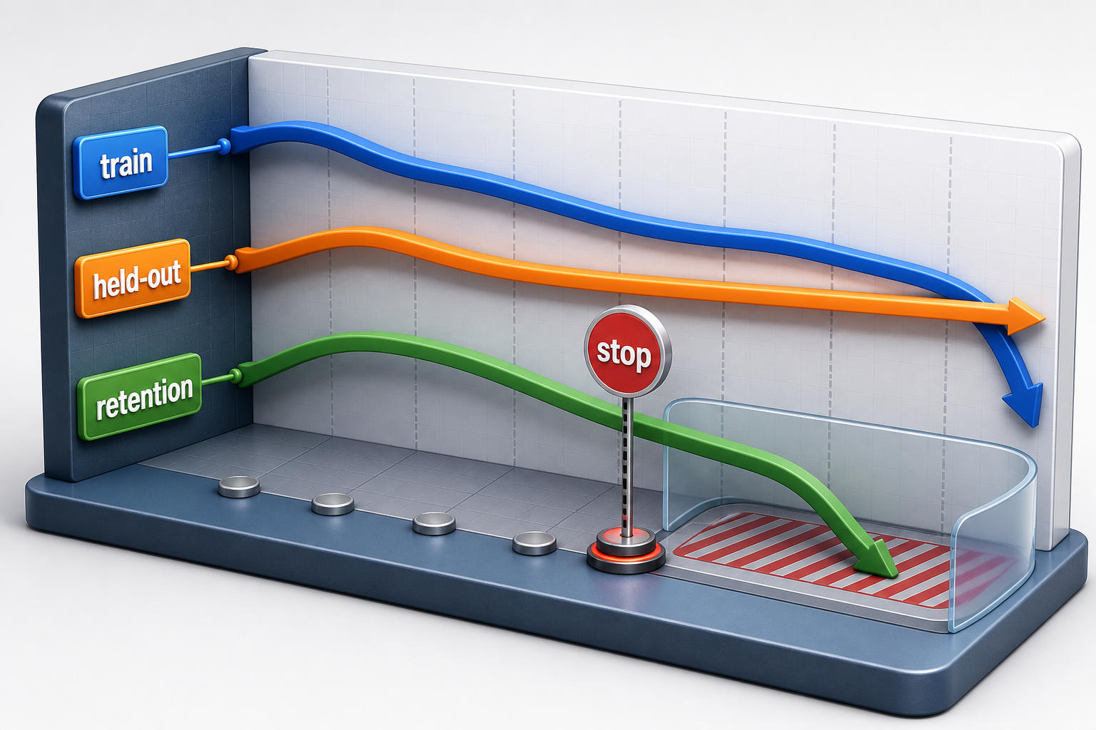 Training loss continues downward while held-out behavior flattens and protected retention turns downward, causing an earlier stop marker to win over the final checkpoint.