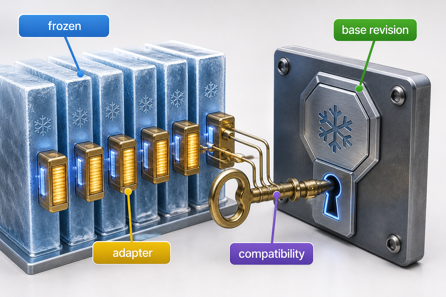 Small trainable low-rank adapter inserts sit beside frozen base-model layers, while a compatibility key binds the adapter to one exact base revision.