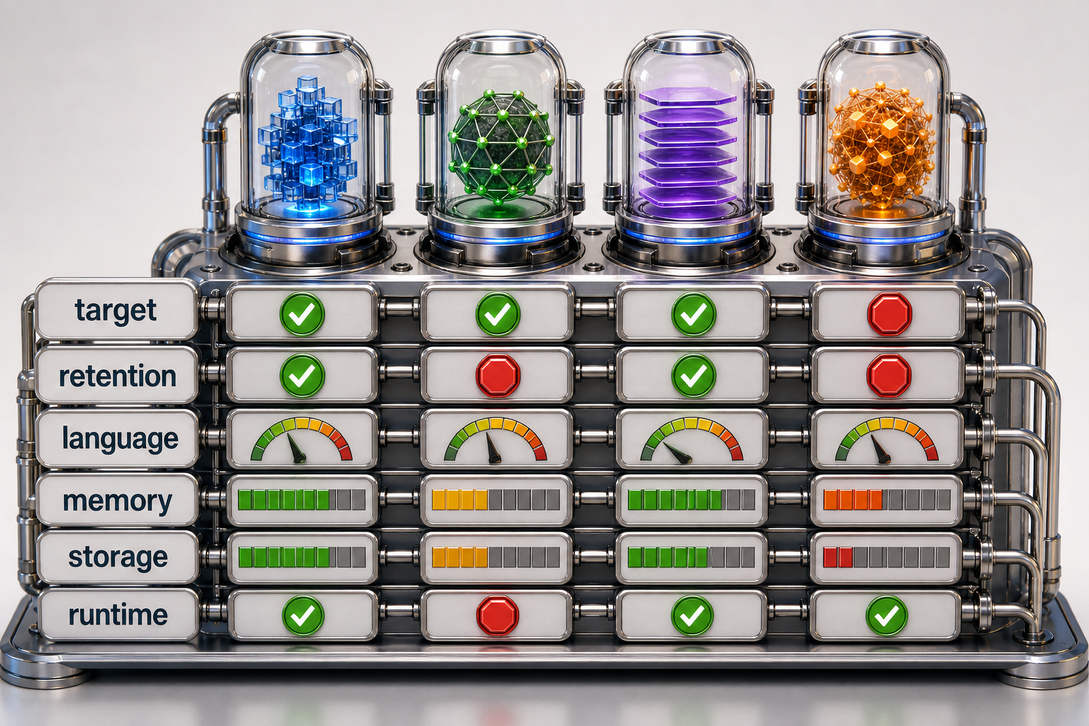 No-tune, supervised, and two adapter candidates are compared across target behavior, retention, language slices, memory, storage, and runtime compatibility rather than parameter count alone.