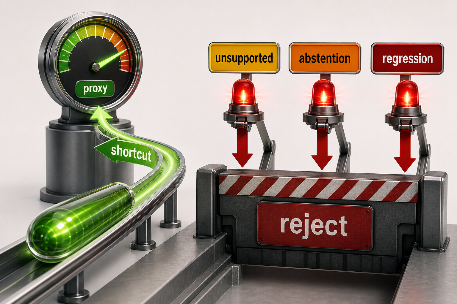 A verbose confident response takes a shortcut to a high proxy score while unsupported-detail, abstention, and language-regression alarms block promotion.