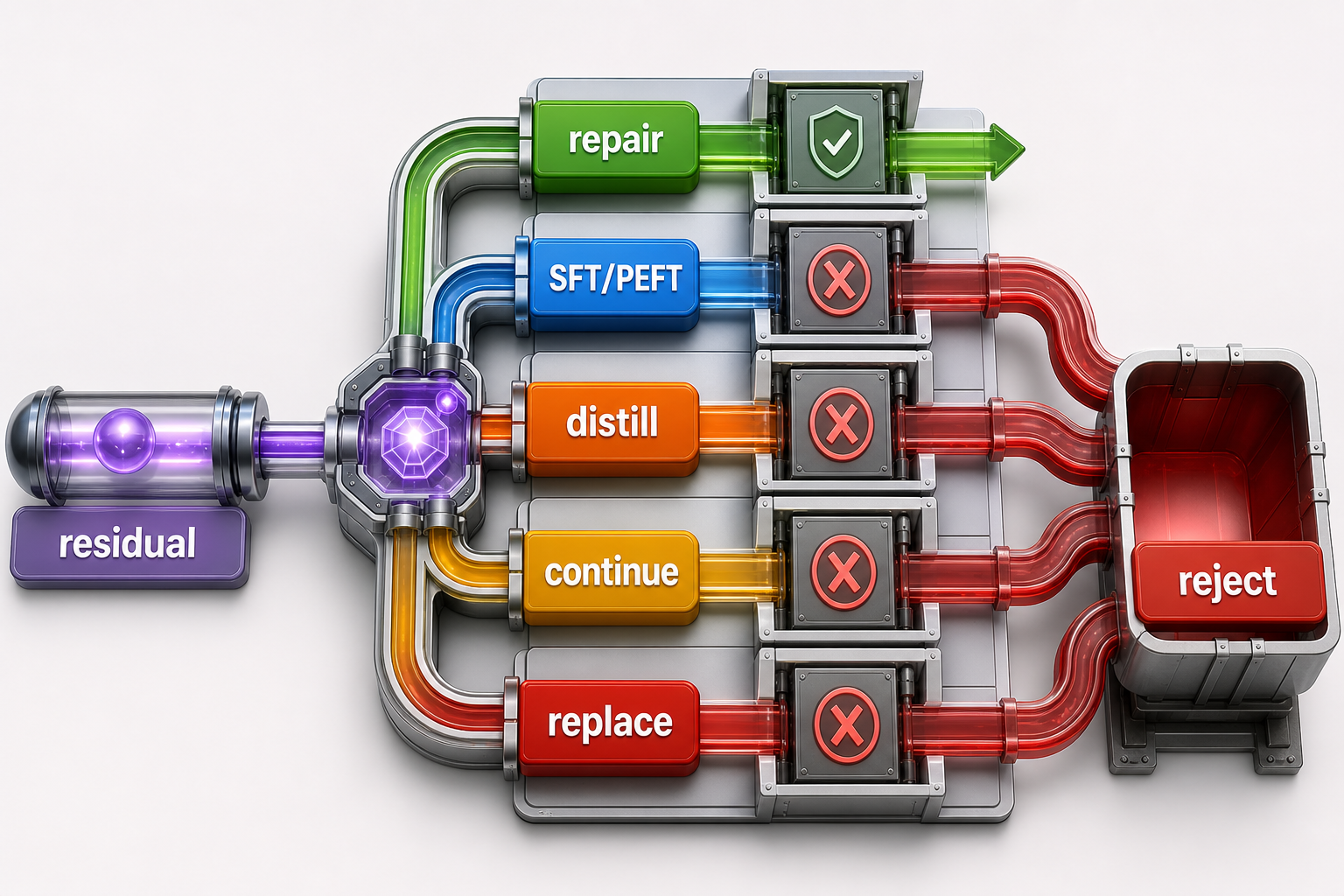 Residual diagnosis routes separately to repair, SFT or PEFT, distillation, continued pretraining, replacement, no project, or rejection.