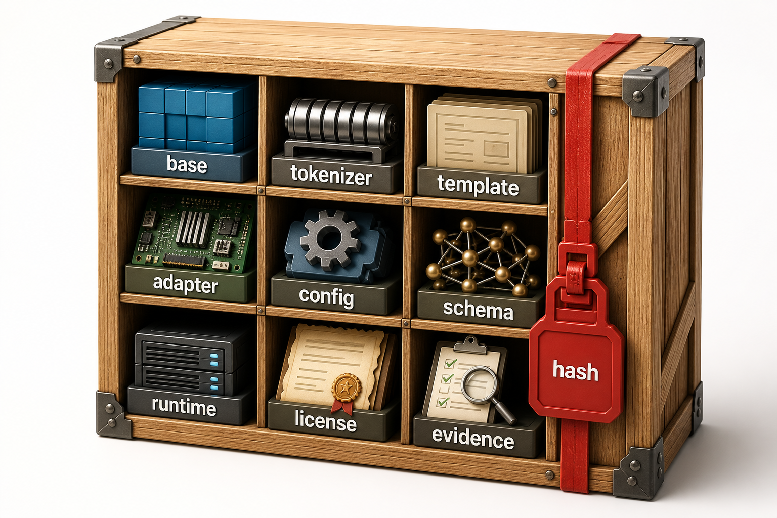 One versioned crate contains separately labeled base, tokenizer, template, adapter, configuration, schema, runtime, license, evidence, and hash compartments.