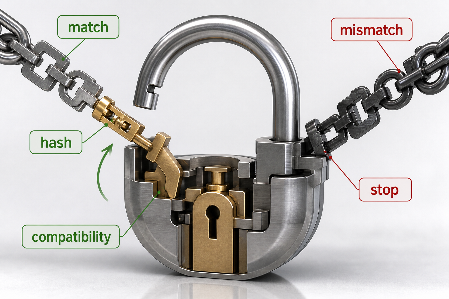 Matched base, tokenizer, template, adapter, and runtime keys open a lock while a validly hashed mismatched combination stops.