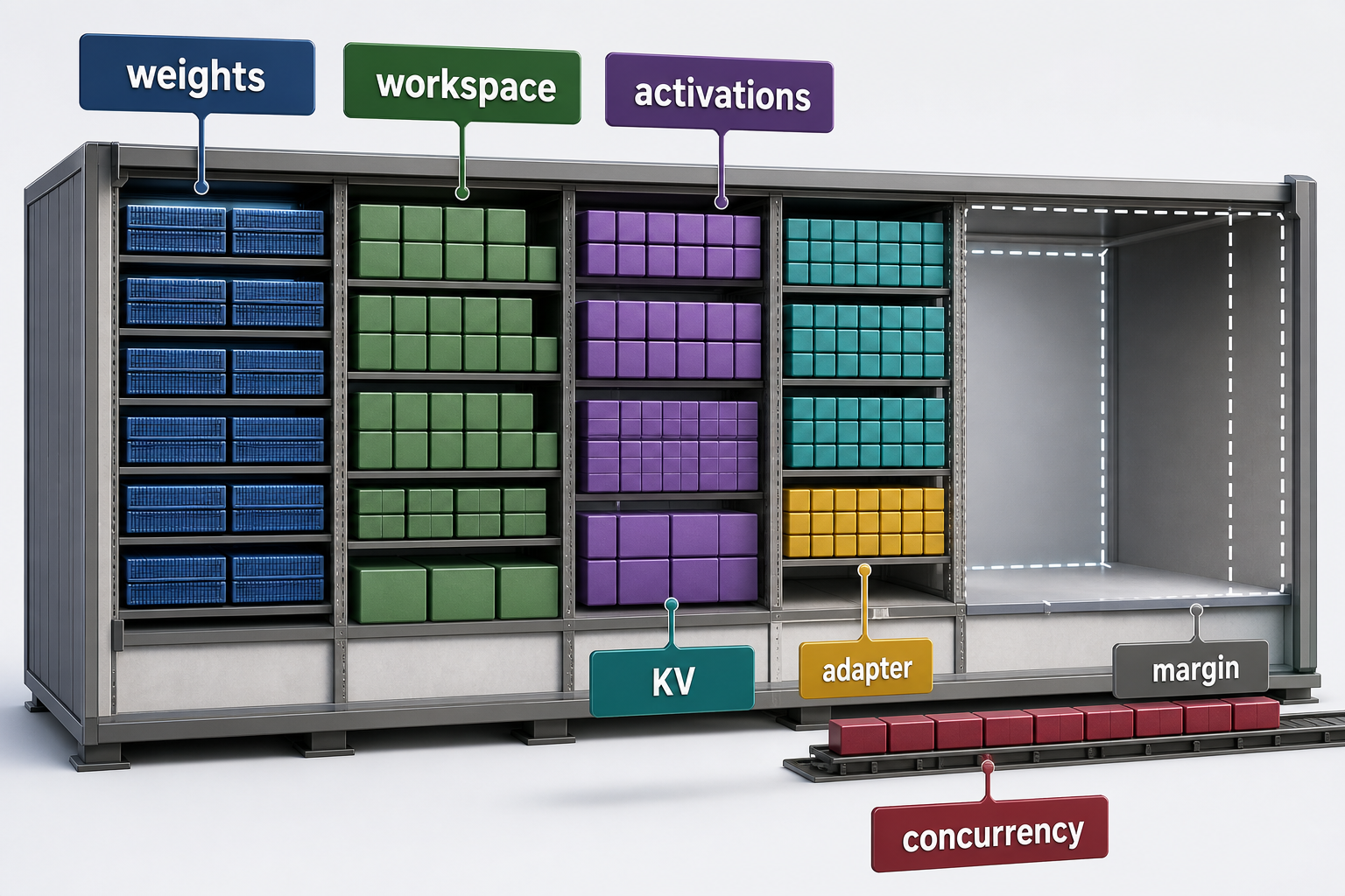 Finite shelves hold weights, workspace, activations, KV cache, adapter state, and safety margin while concurrent sequences consume cache blocks.