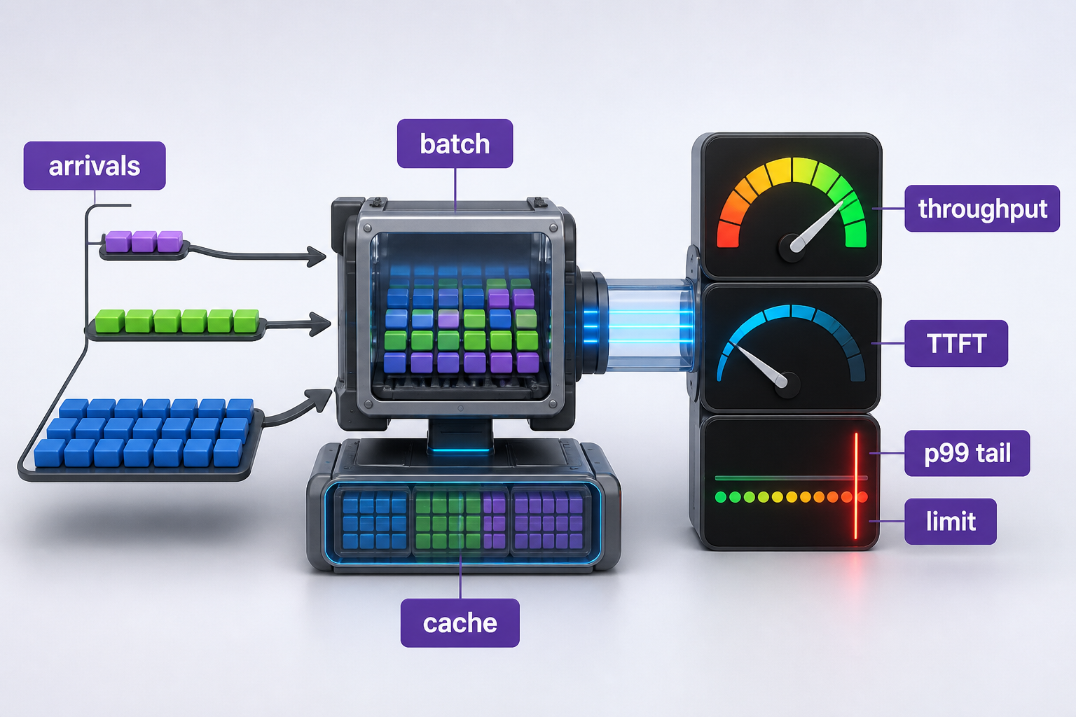 Short, long, and burst arrivals enter batching and cache scheduling; a larger batch raises throughput while p99 TTFT crosses the interactive limit.
