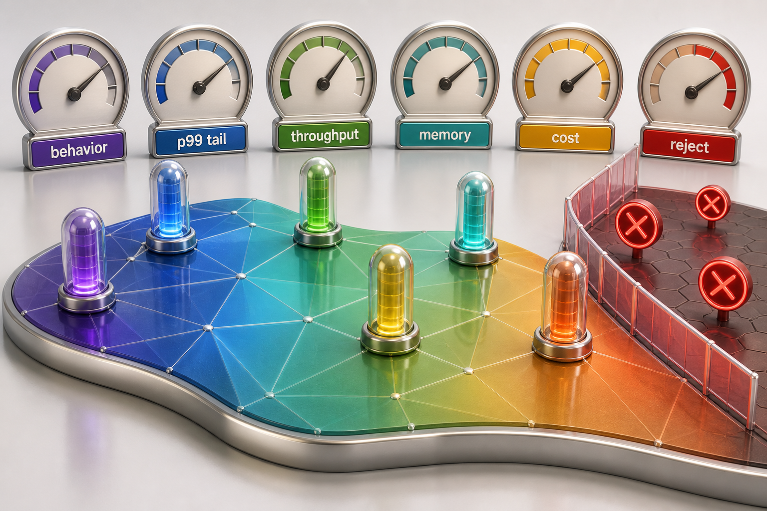 Reference, quantized, alternate-runtime, and scheduling candidates occupy different positions across protected behavior, p99 tail latency, throughput, memory, and cost, with unsafe points rejected.