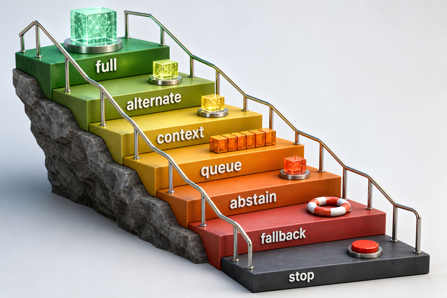 Runtime pressure follows bounded steps from full qualified service to alternate candidate, reduced optional context, queue, abstain, fallback, and stop.