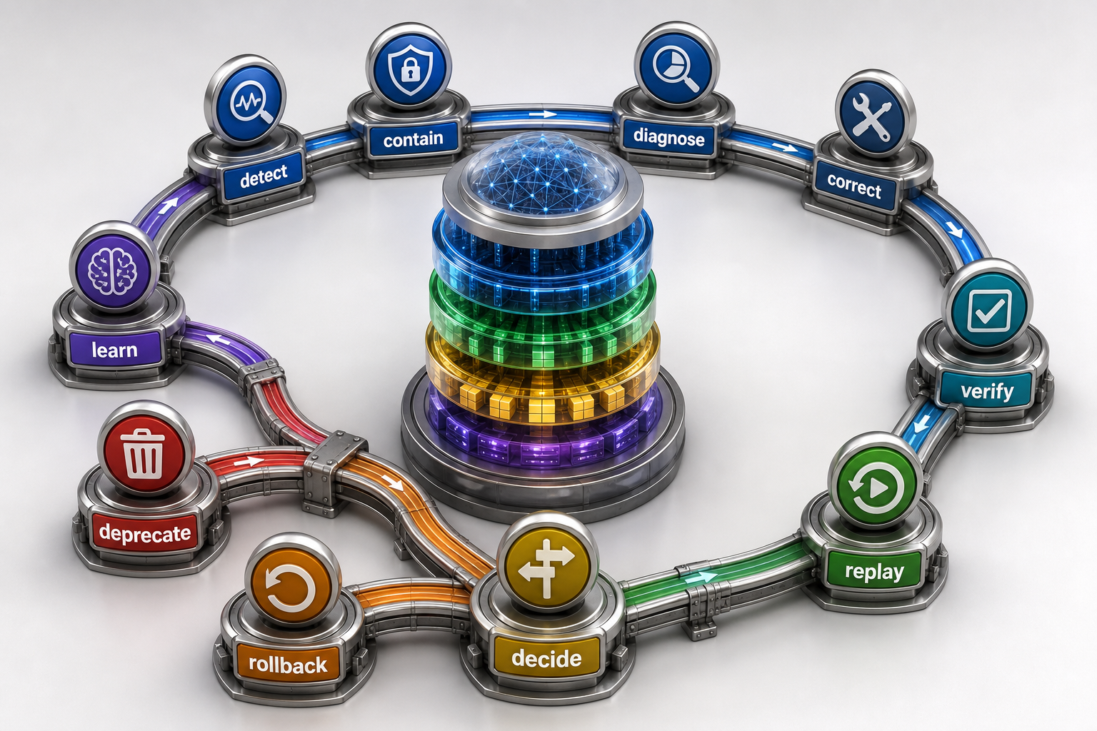 A controlled loop moves through detect, contain, diagnose by layer, correct, verify, replay, authority decision, rollback or ramp, deprecate, and learn.