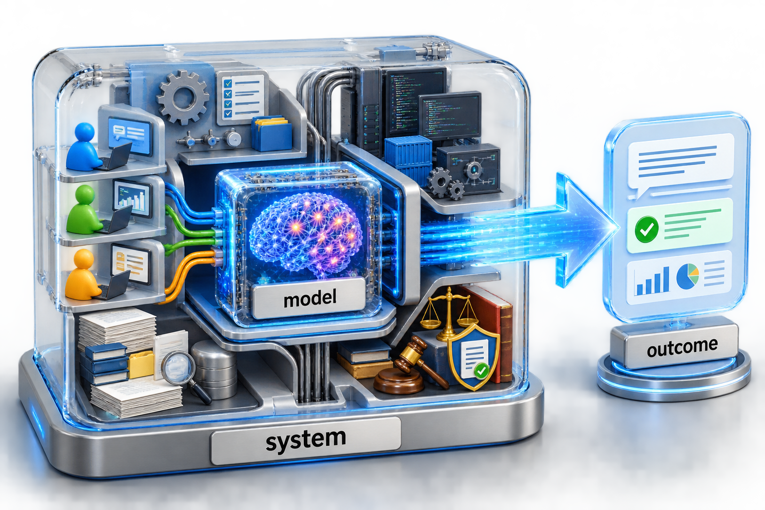 A language model core sits inside an accountable system of configuration, software, evidence, users, and authority, ending in an observed outcome.
