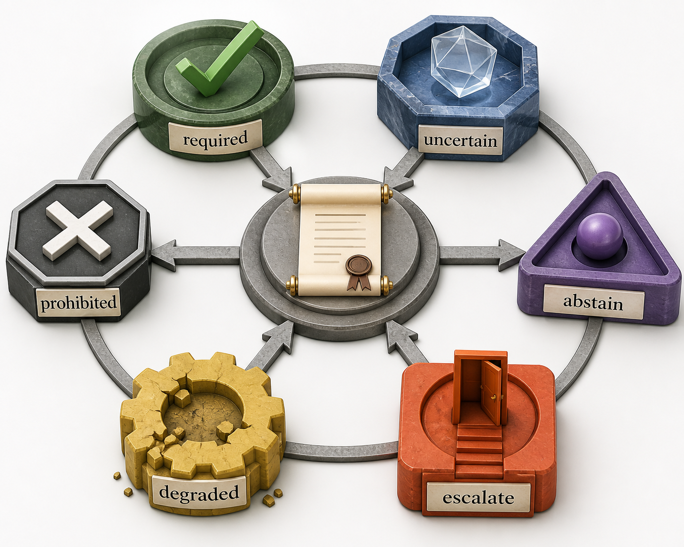 Six differently shaped stations represent required, uncertain, abstain, escalate, degraded, and prohibited behavior around a central contract.