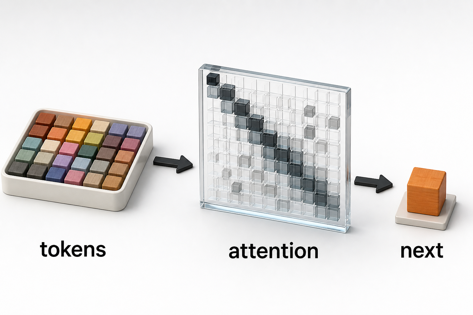 Discrete tokens pass through a transparent attention matrix to one selected next token.