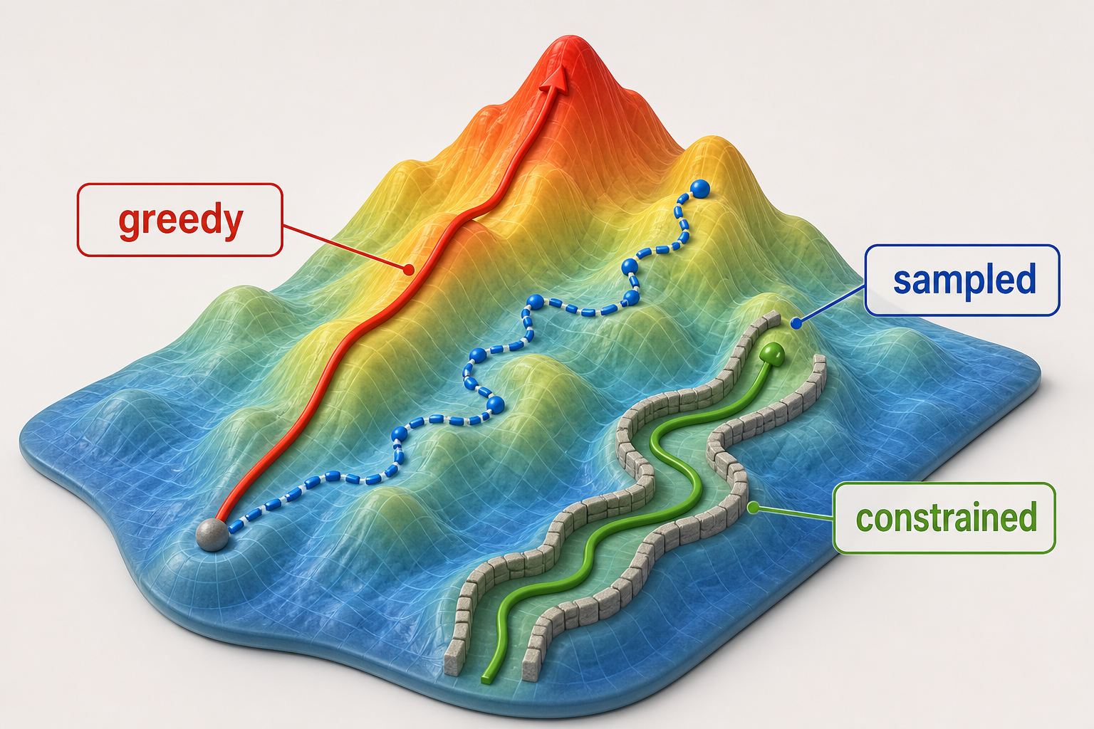 Greedy, sampled, and constrained decoding follow visually distinct routes across the same probability landscape.
