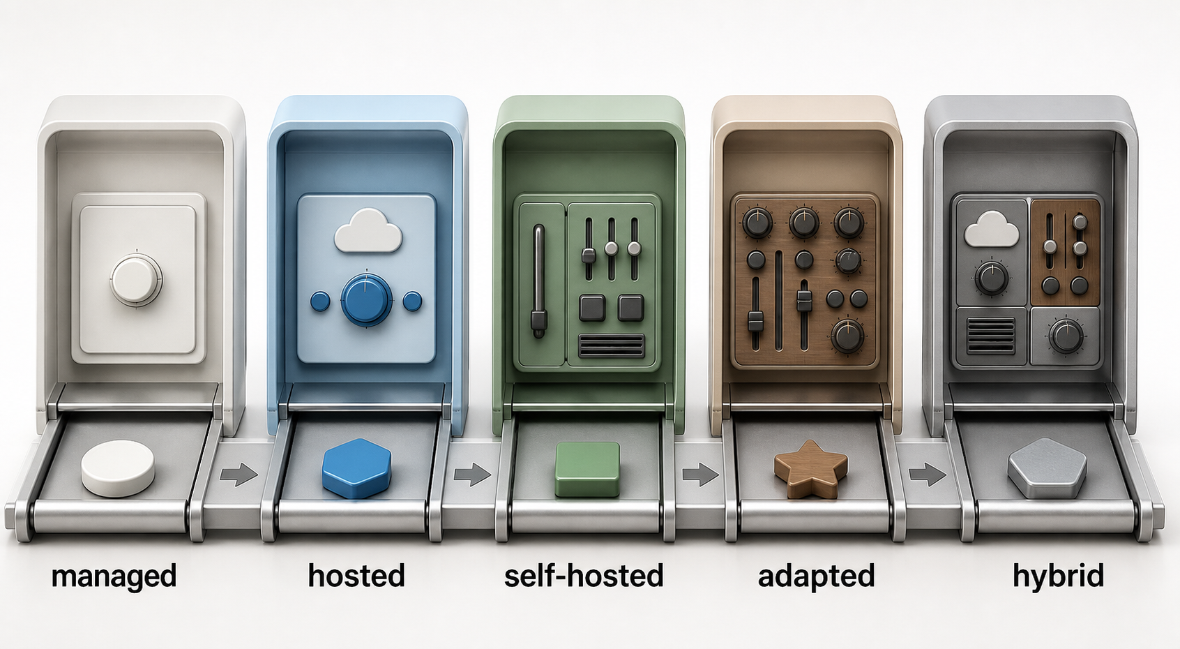 Five access booths expose different combinations of model control, hosting responsibility, inspection, adaptation, and external dependency.