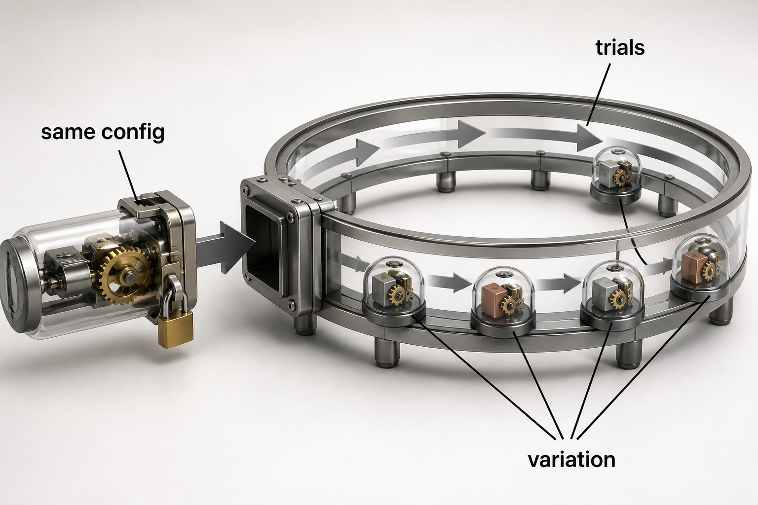 One frozen configuration enters several repeated trials whose outputs occupy a visible variation band rather than one identical point.