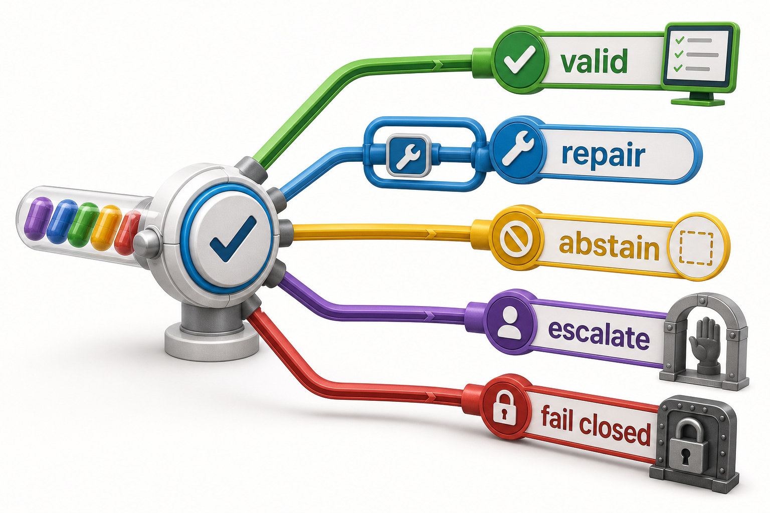 A validator routes candidates into distinct valid, repair, abstain, escalate, and fail-closed terminal paths.